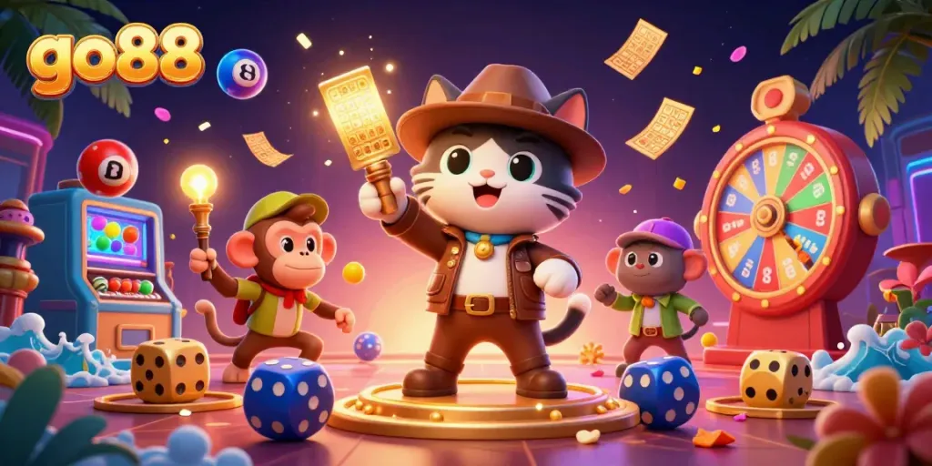 Engage with go88's vibrant casino adventure featuring a treasure-hunting archeologist cat.