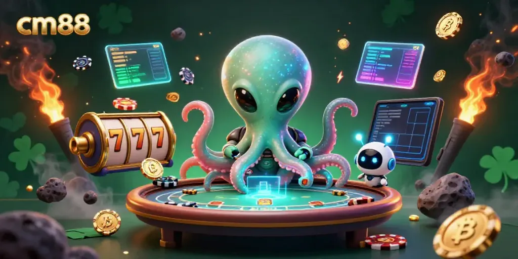 Experience exciting gameplay with cm88's vibrant 3D poker illustration featuring alien characters and slot elements.