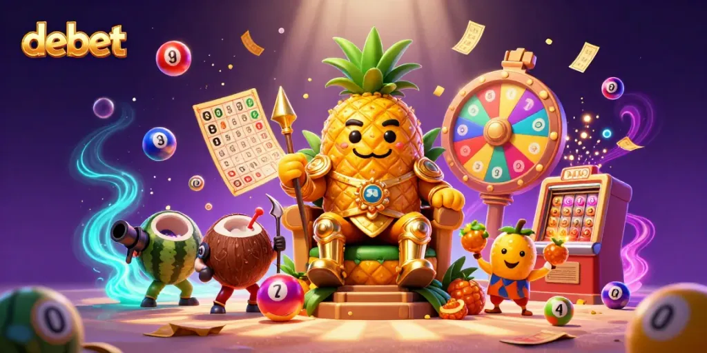 Experience the excitement at debet with a vibrant casino scene featuring a pineapple king and his jester