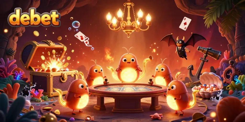 Experience the exciting lighting of the Debet casino with glowworms and bat dealer amidst treasure.