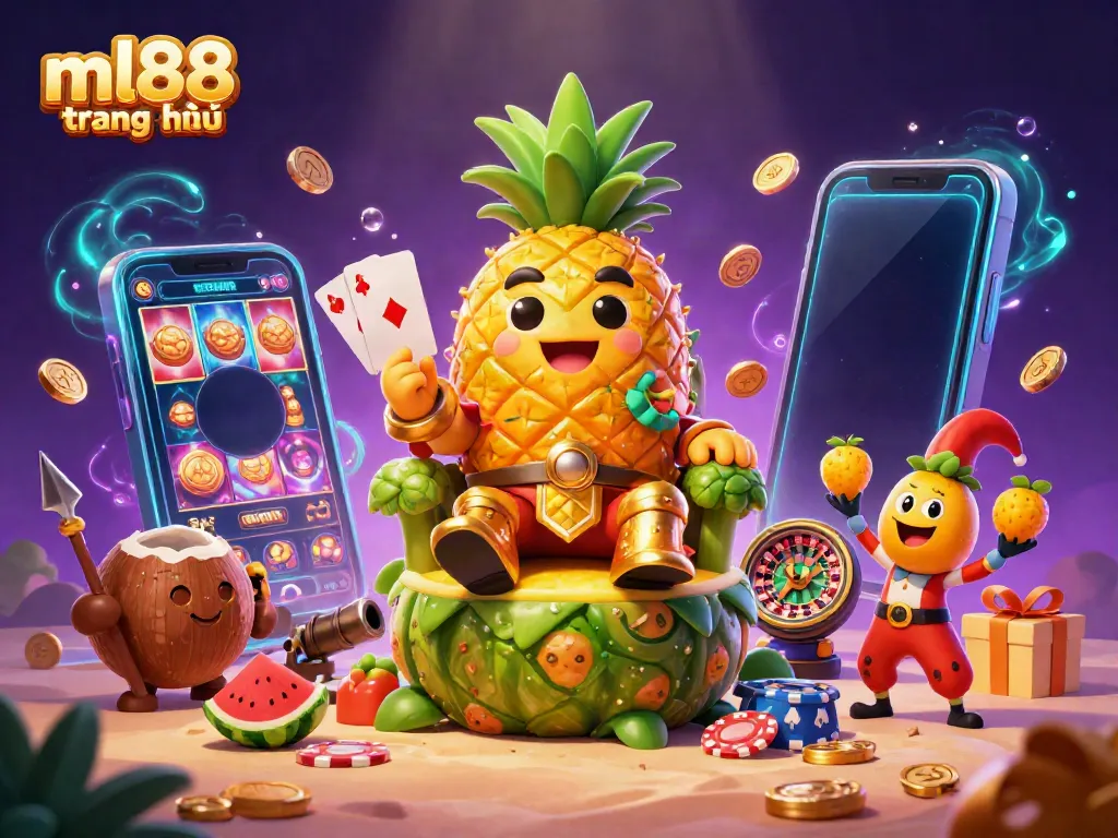 Experience the vibrant ml88 trang chủ scene featuring a pineapple king, gaming elements, and dynamic casino atmosphere.