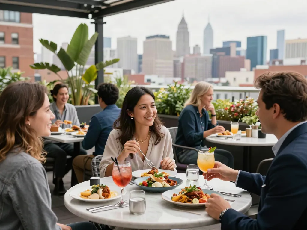 NoHu rooftop dining with skyline views and vibrant dishes.