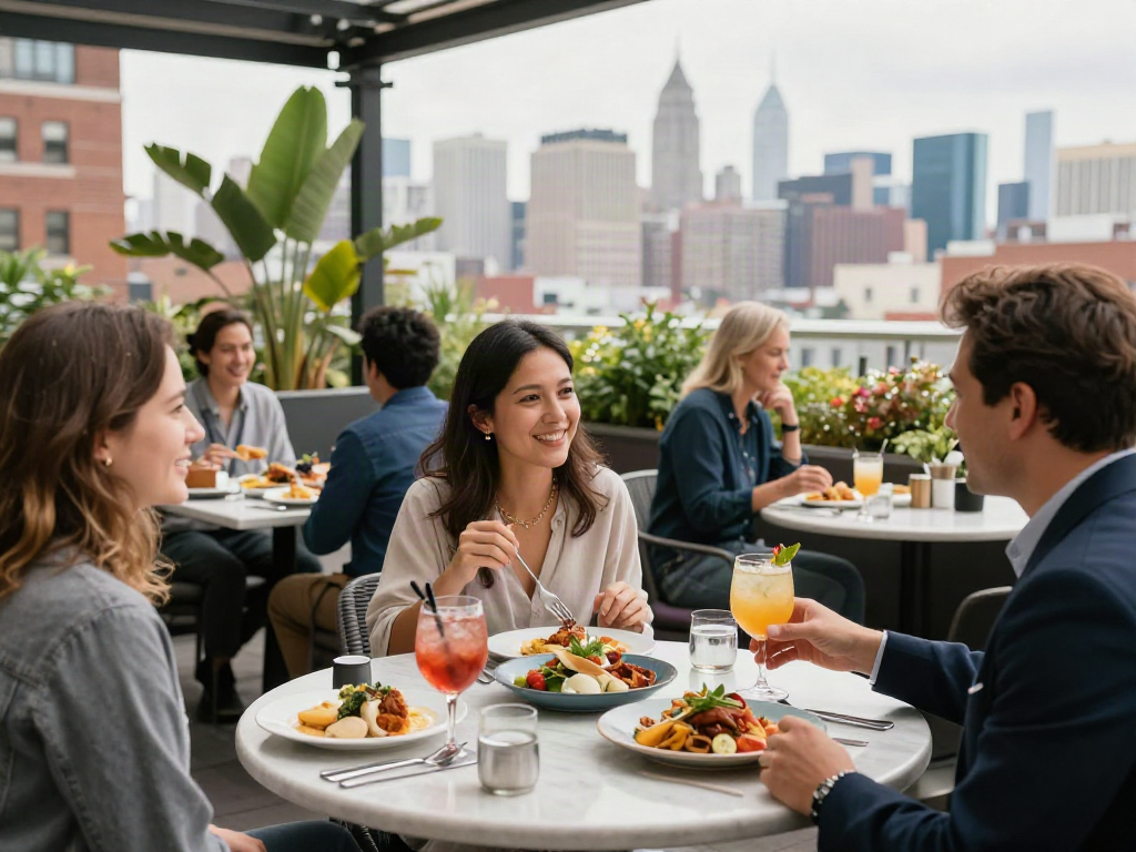 NoHu rooftop dining with skyline views and vibrant dishes.