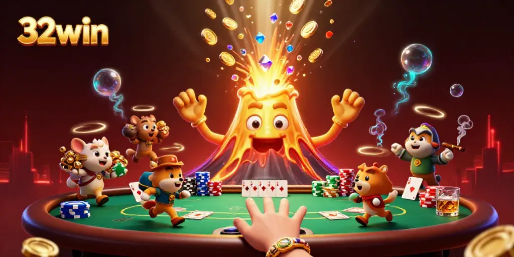 Experience thrilling wins at 32win with a dynamic treasure scene showcasing casino excitement.