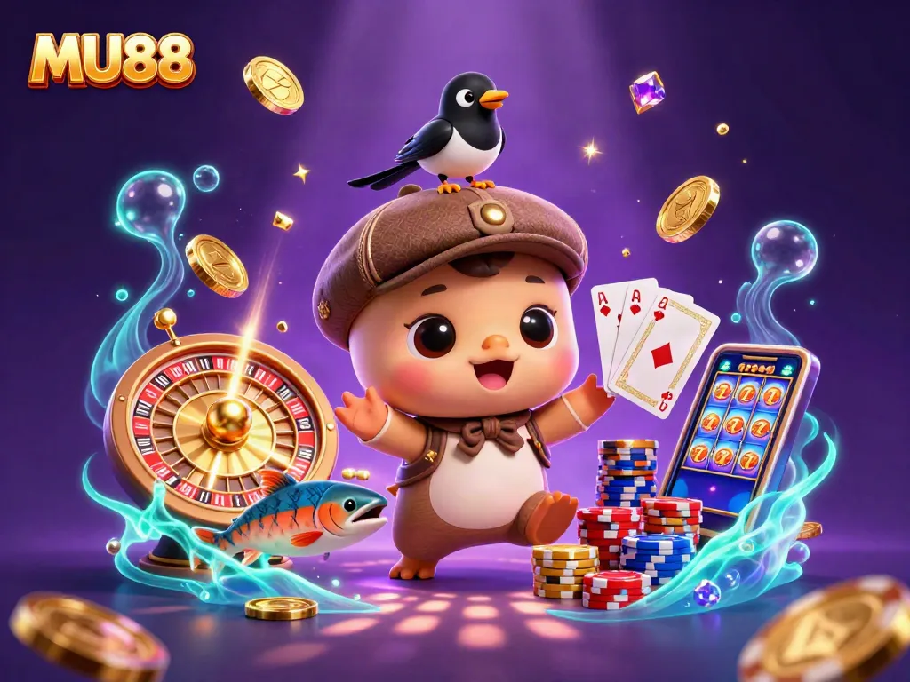 Engage in the world of MU88 with vibrant illustrations of immersive casino games and playful characters.