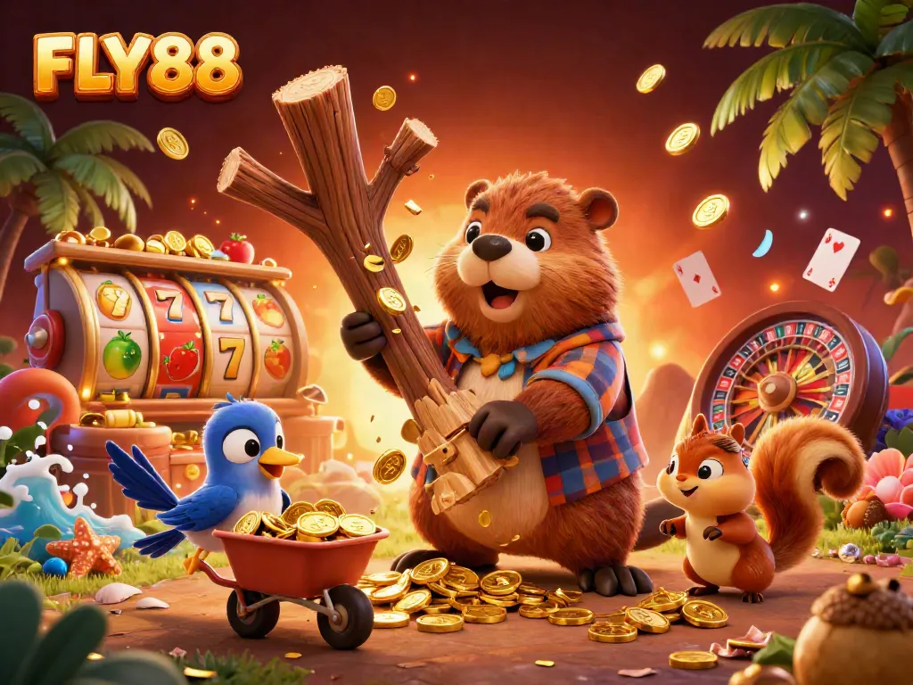 FLY88 engages players with thrilling casino elements featuring a cartoon beaver, jackpot reels, and vibrant backgrounds.