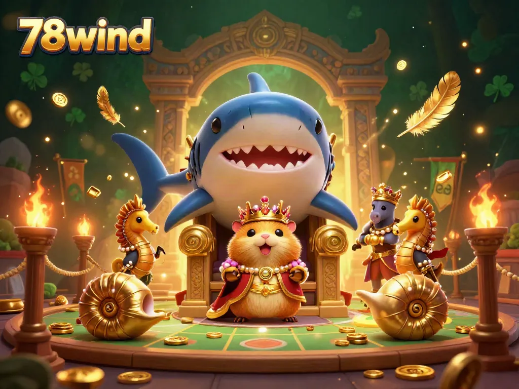 Engage in thrilling gameplay at 78wind with a golden hamster king on a megalodon throne amidst a vibrant casino scene.