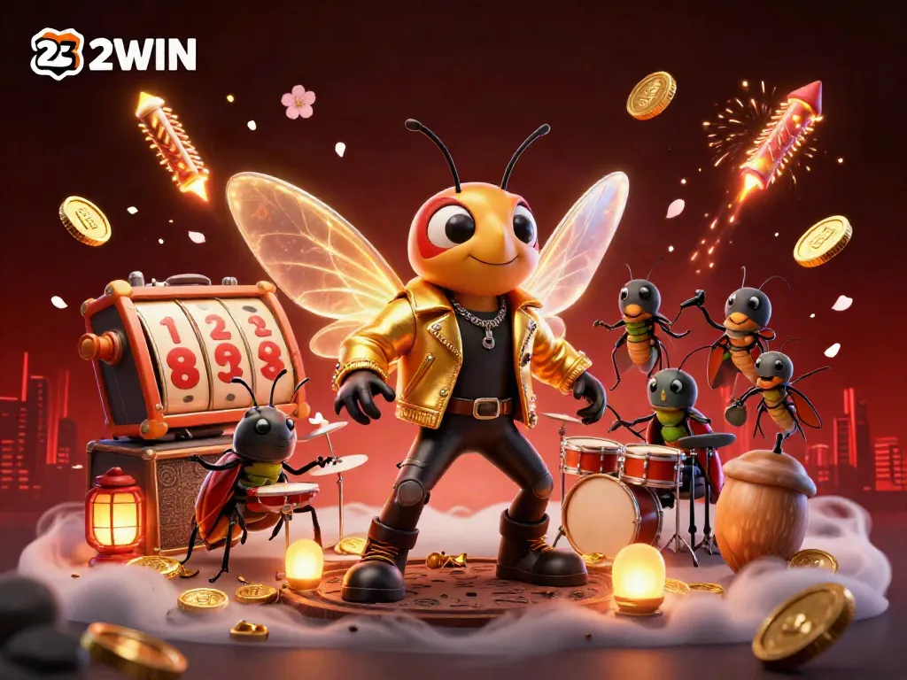 Join the 23WIN celebration with vibrant characters, casino elements, and a festive atmosphere.