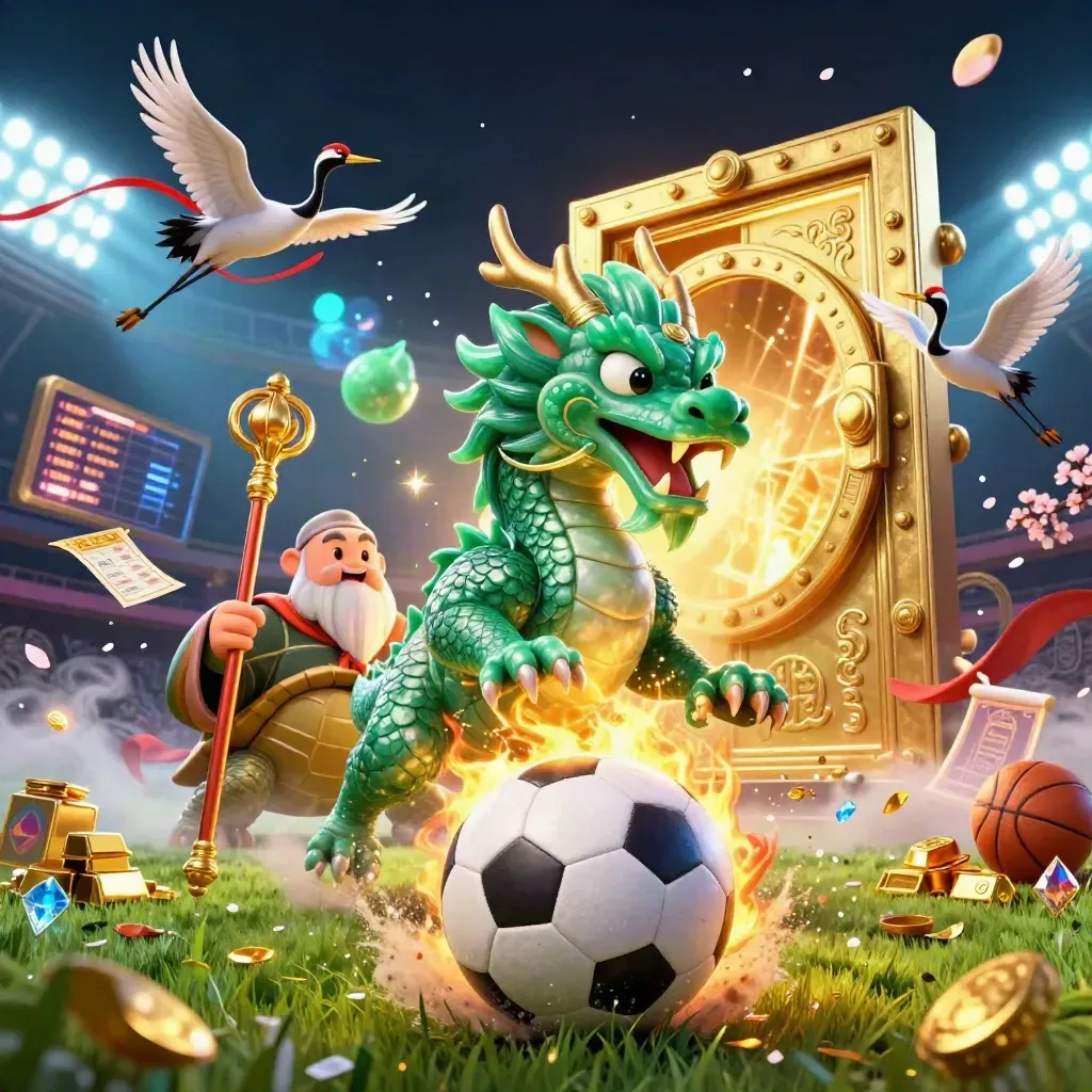Emerald dragon, turtle sage and cranes surround a soccer ball, gold vault glow and casino sparks.