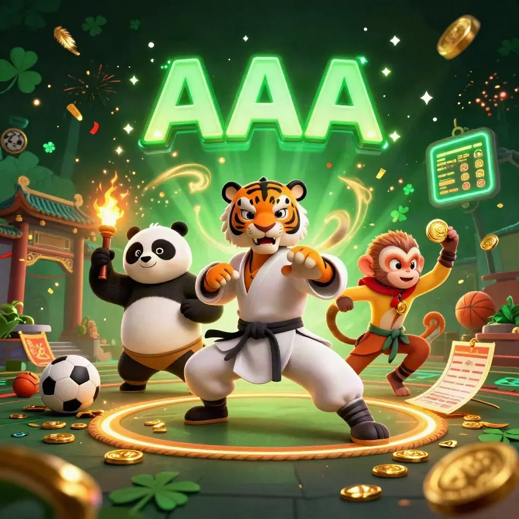 Tiger, panda, and monkey kung-fu heroes amid casino glow, coins, and temple lights.