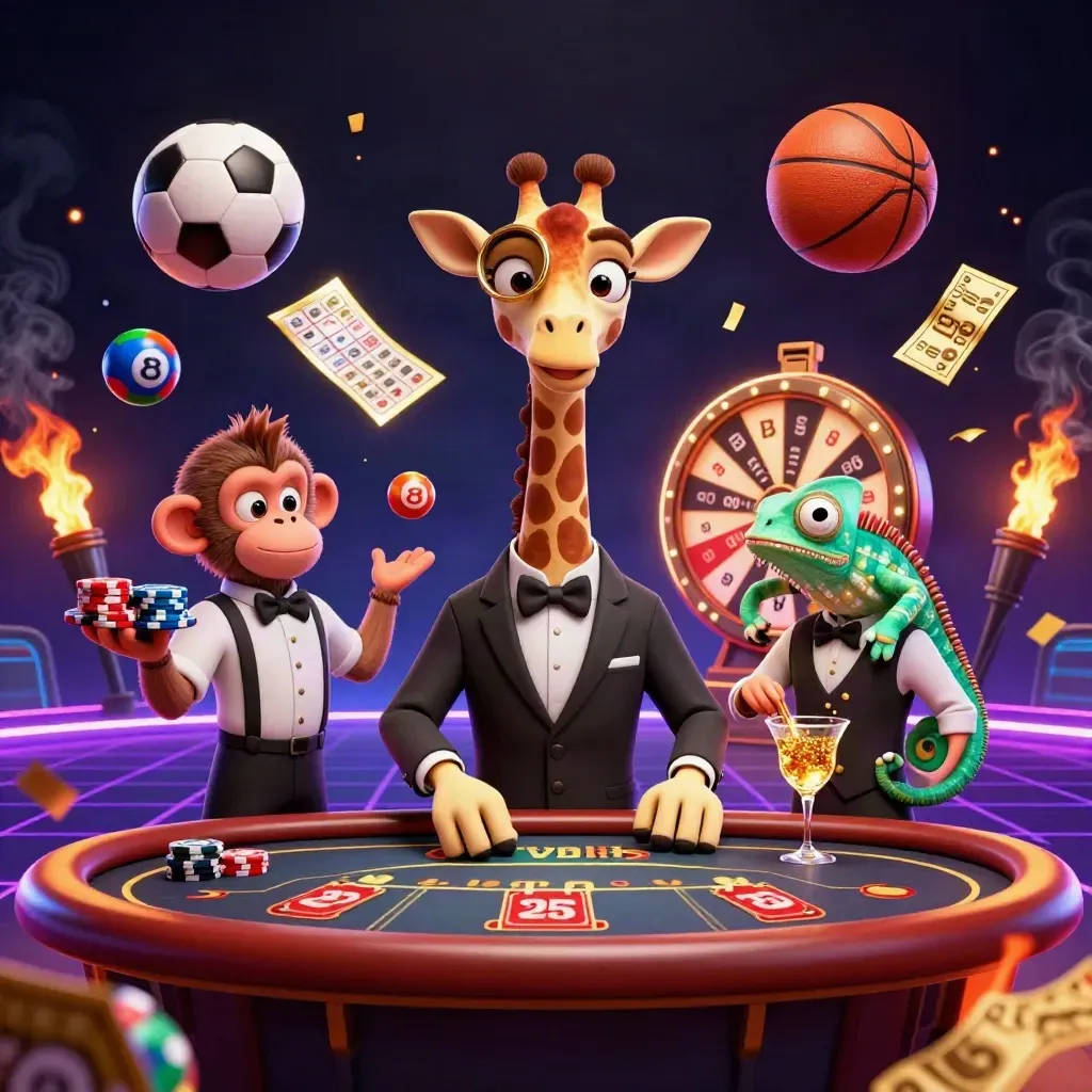 Neon casino animals at a VIP table with flying balls, chips, and glowing effects.