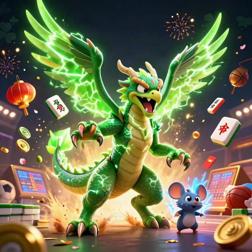 Thunder dragon, hawk, and mouse amid casino sports props, gold coins, fireworks, and neon glow.