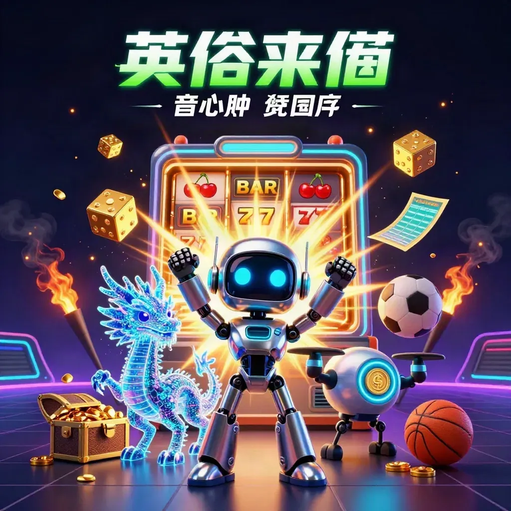 Cyberpunk robot, holographic dragon, drone, slot burst, gold, sports balls, neon casino hero art