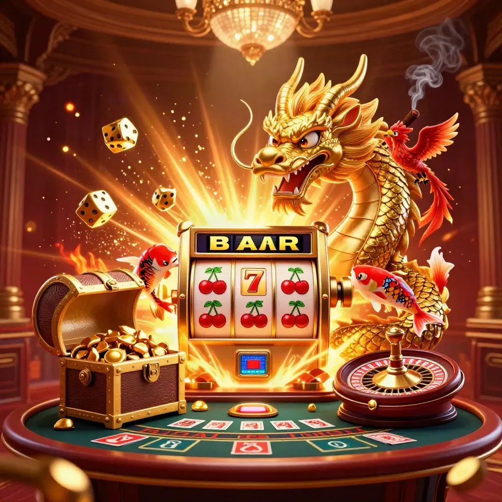 Dragon, phoenix, koi and casino props burst from a slot machine in a glowing luxury casino scene.