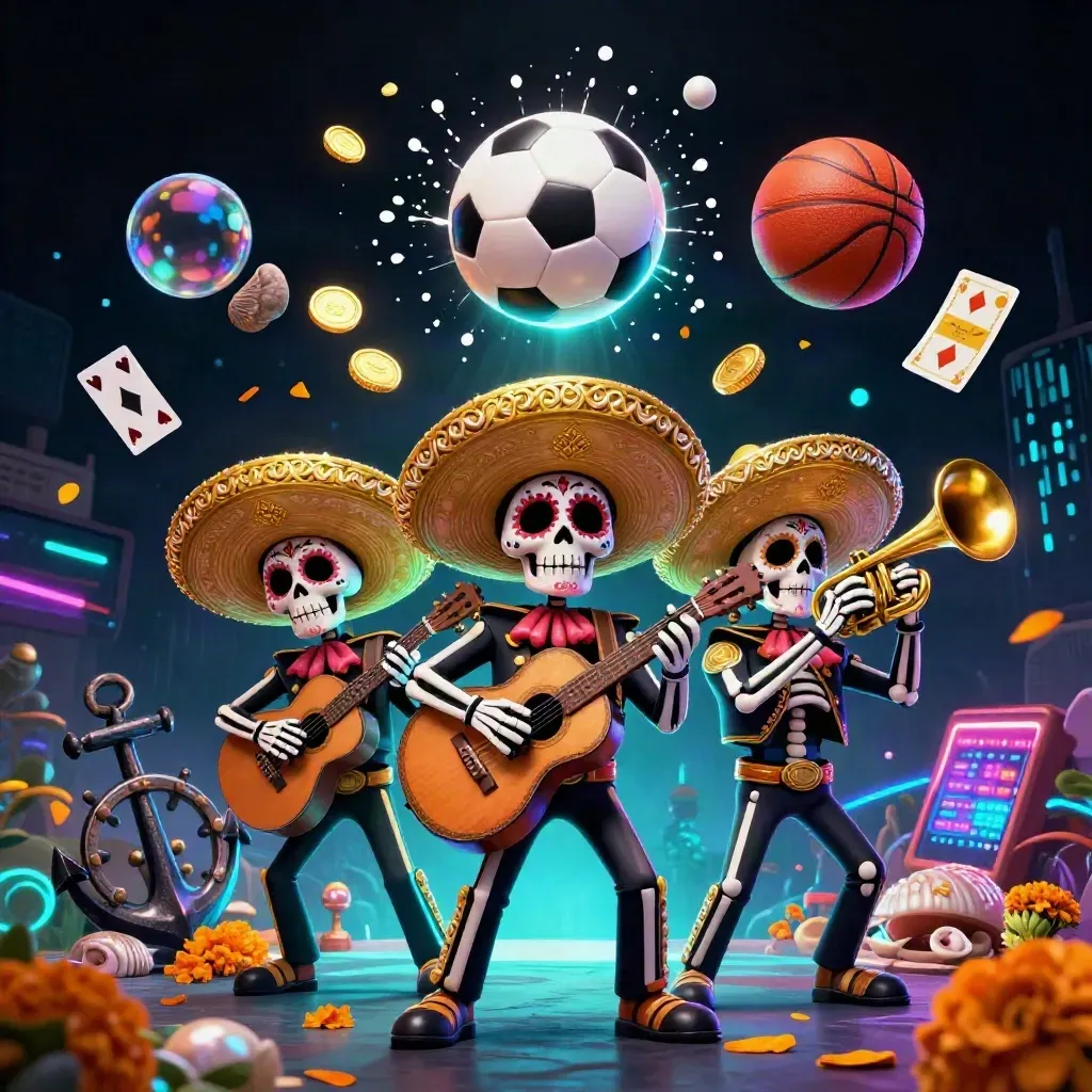 Skeleton mariachi trio amid coin spray, soccer ball, and neon casino treasure under dark blue light