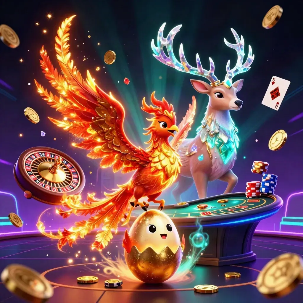 Phoenix, hatchling, and crystal stag in a glowing casino fantasy with coins, cards, chips, and roulette.