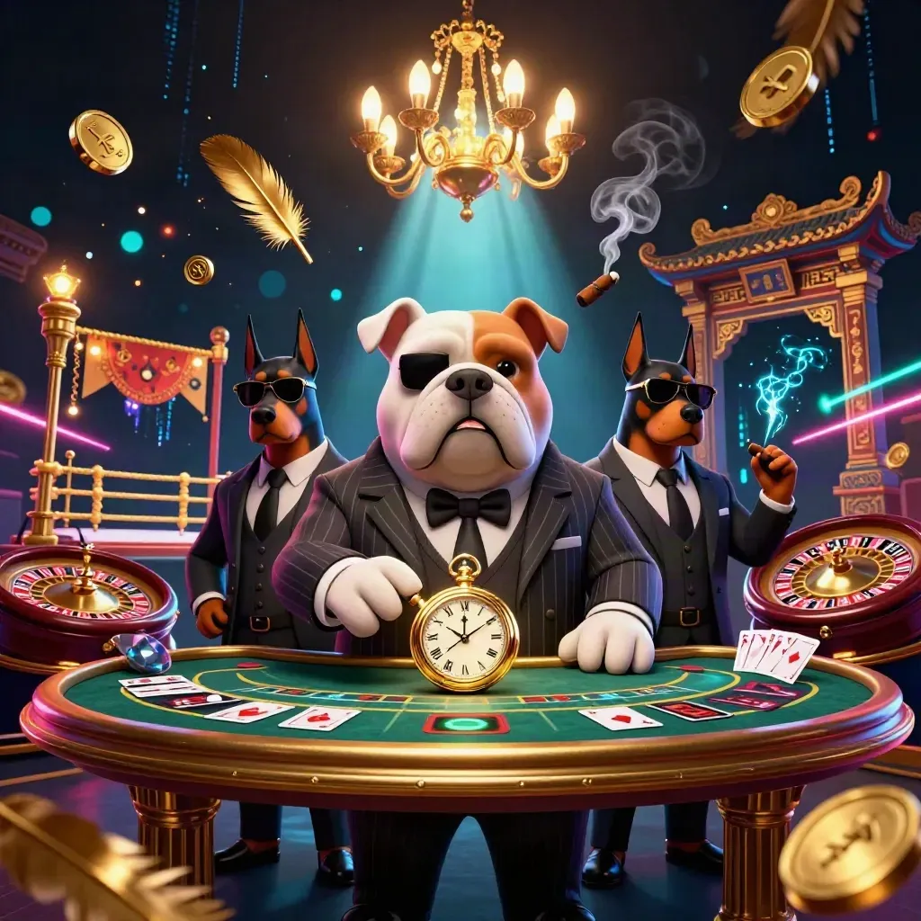 Bulldog casino boss with Dobermans amid gold coins, cards, smoke, and neon casino lights.