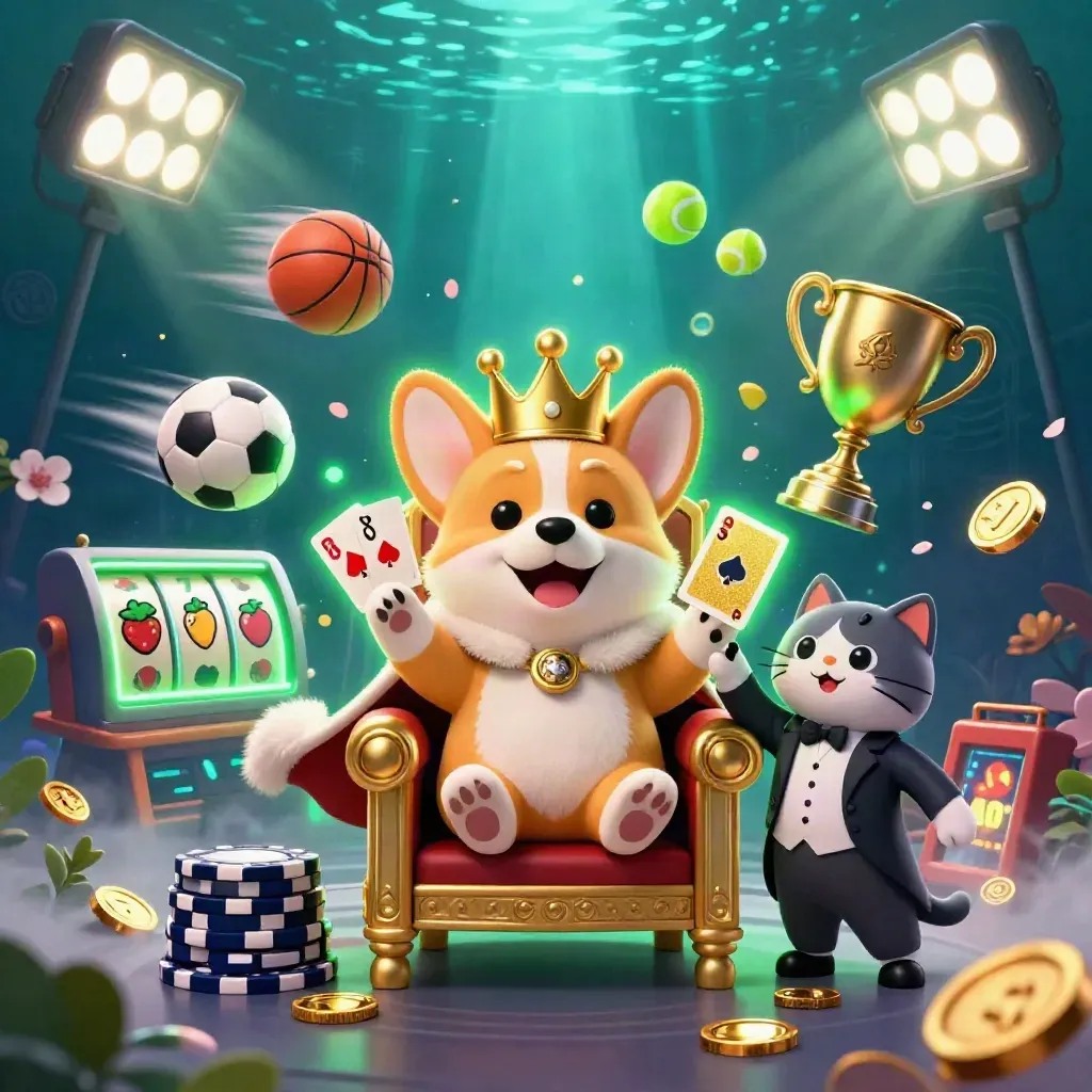 Royal corgi on chip throne with cat butler, sports balls, coins, reels, and neon casino glow.