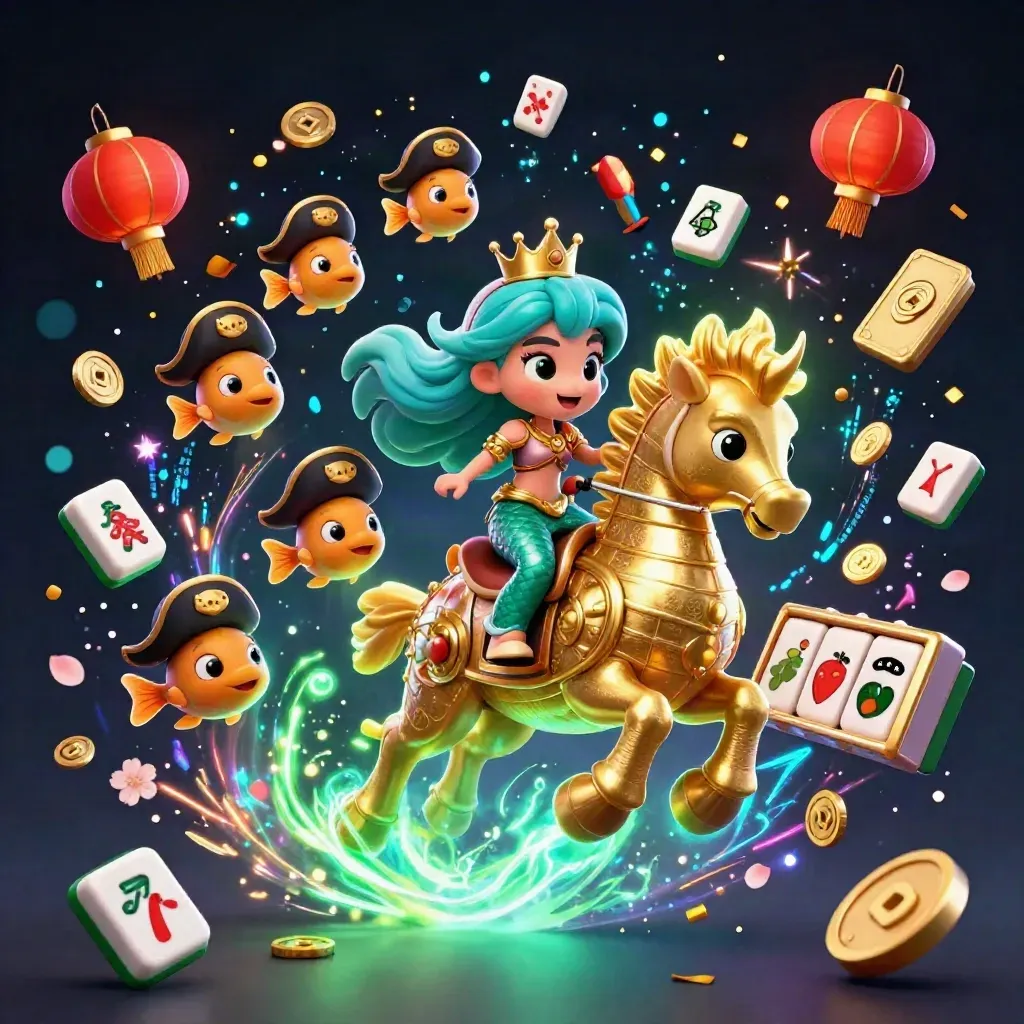 Mermaid princess on armored seahorse with pirate fish amid neon casino treasures