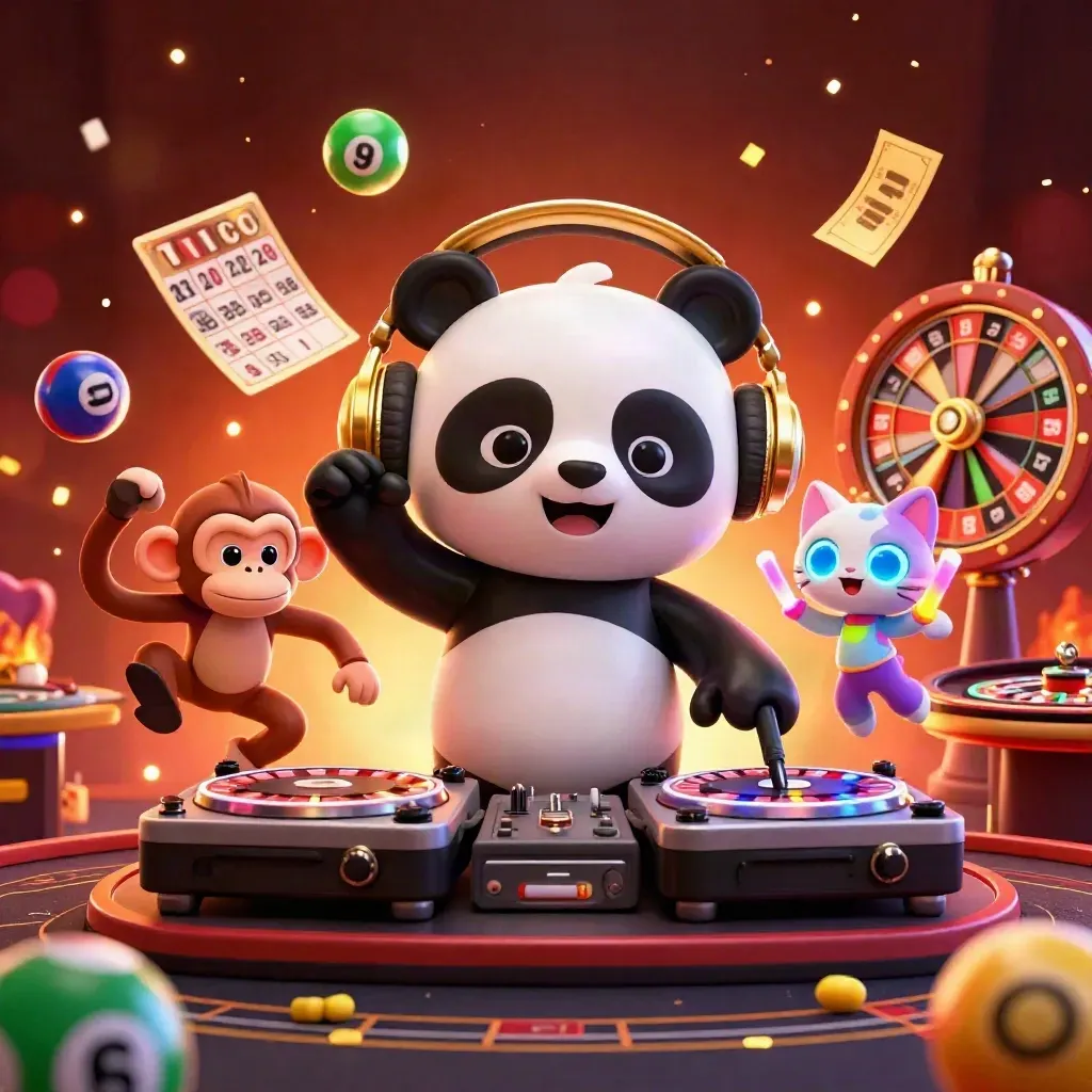 DJ panda, breakdancing monkey, and glow-stick kitten amid casino lights and floating game props.