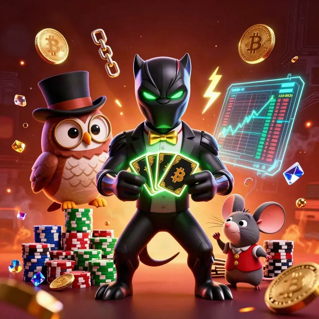 Black panther, owl, and mouse amid neon casino cards, coins, gems, and lightning.