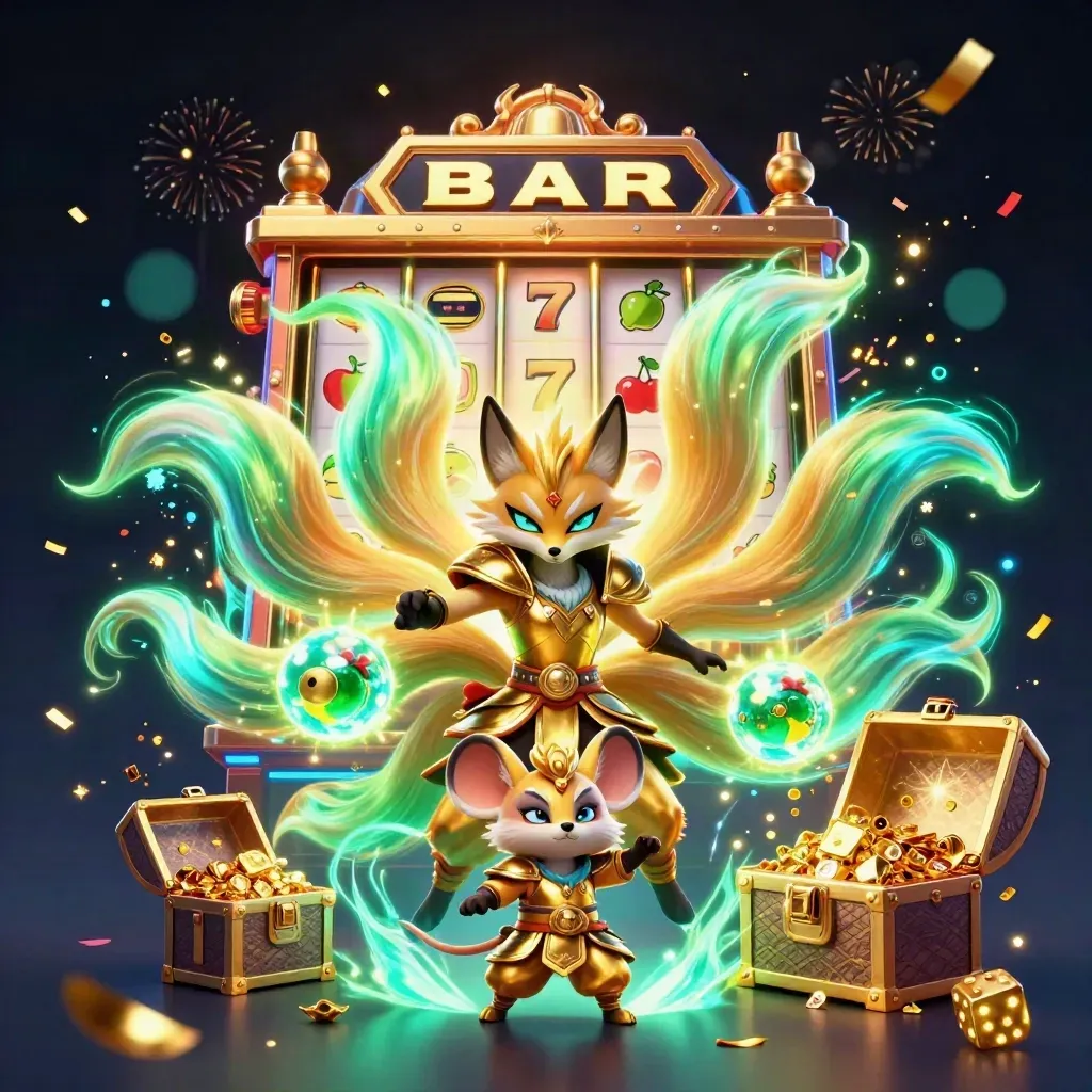 Neon fox spirit and samurai mouse amid exploding slot machine, gold, dice, and treasure.
