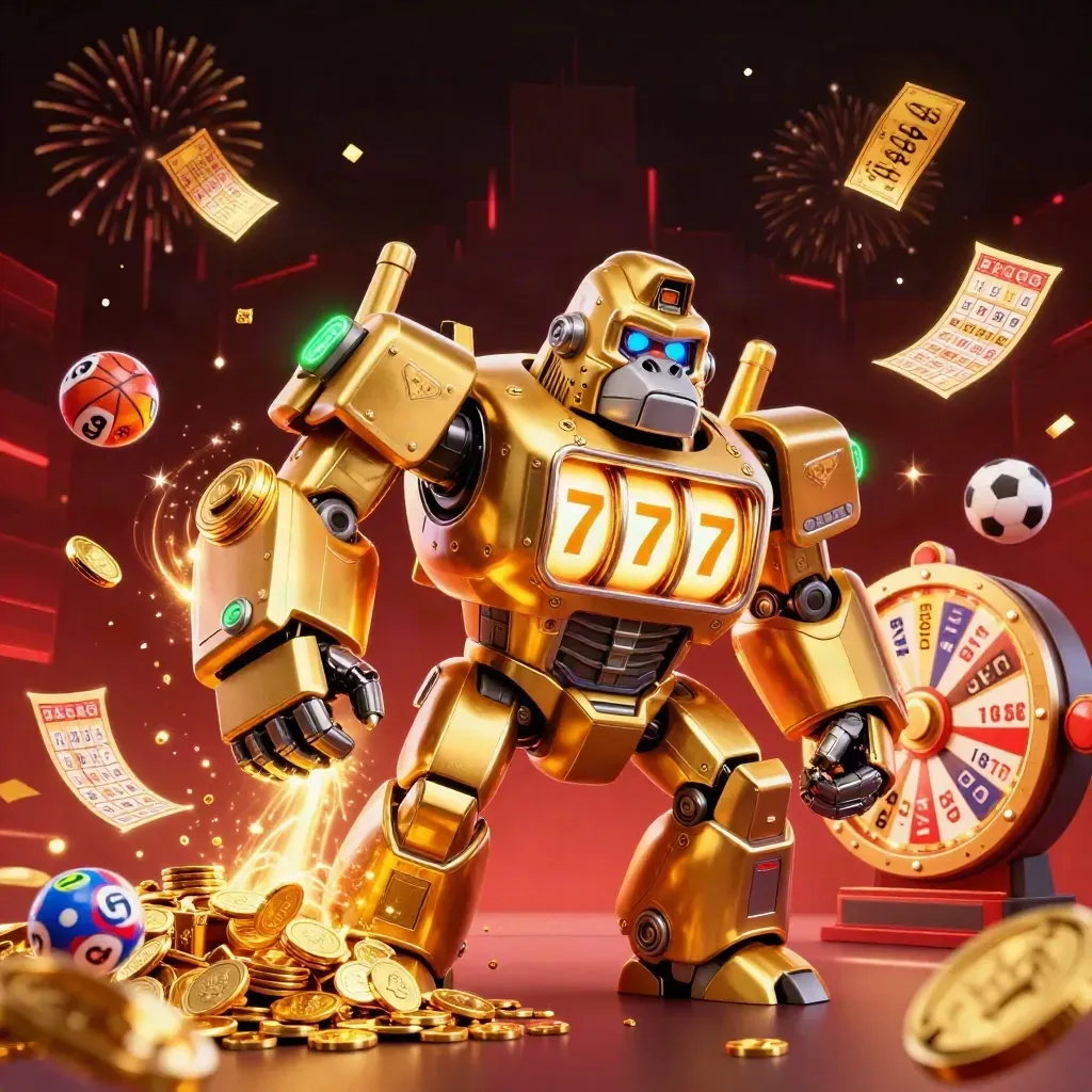 Golden gorilla mech bursting coins amid casino and sports betting symbols