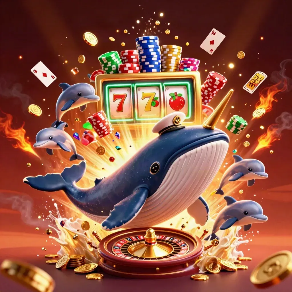 Whale captain, narwhal, and dolphins erupt amid coins, gems, chips, and casino lights