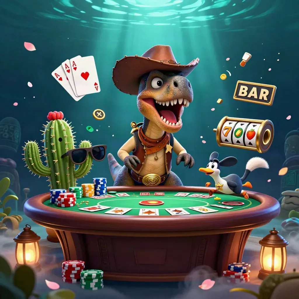 Cowboy T-Rex crew amid casino chips, neon green glow, underwater teal rays, and flying cards.
