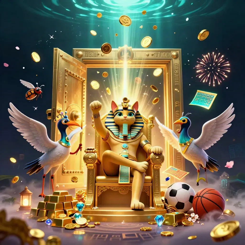 Pharaoh cat on gold throne with scribe, scarabs, vault blast, coins, gems, sports props, dark glowing backdrop