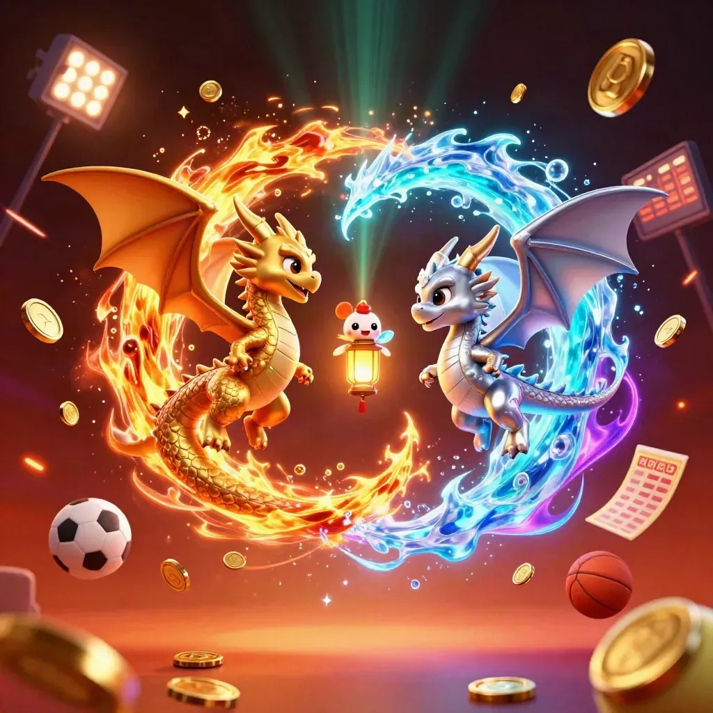 Twin gold and silver dragons swirl with coins, sports balls, trophy, and fireworks in a premium casino scene.