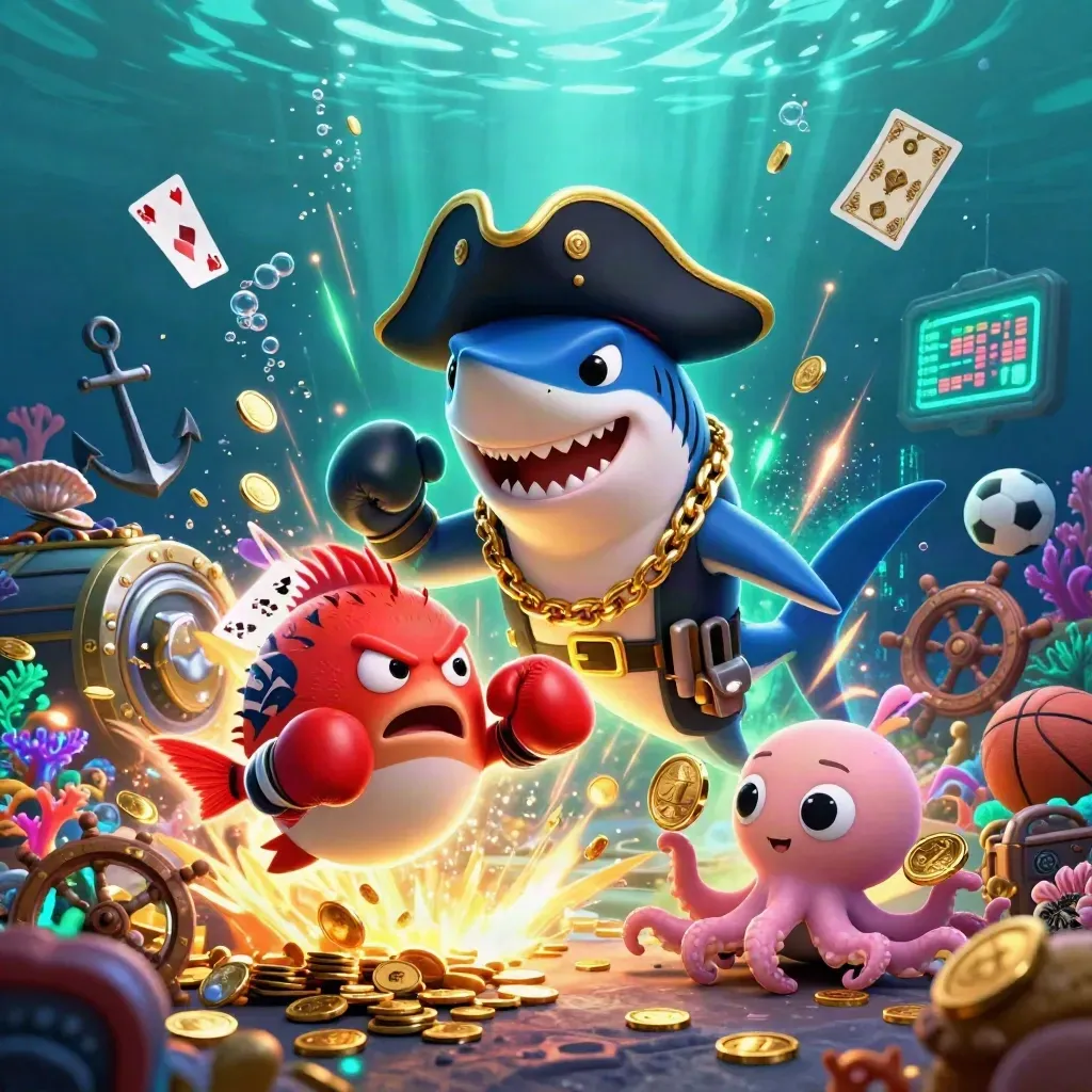 Pirate shark trio amid coin burst, underwater casino glow, sports props, and treasure light
