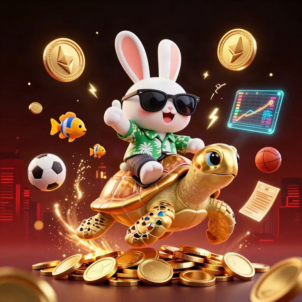 Lucky rabbit on a golden sea turtle amid coins, fireworks, crypto icons, and sports betting symbols.