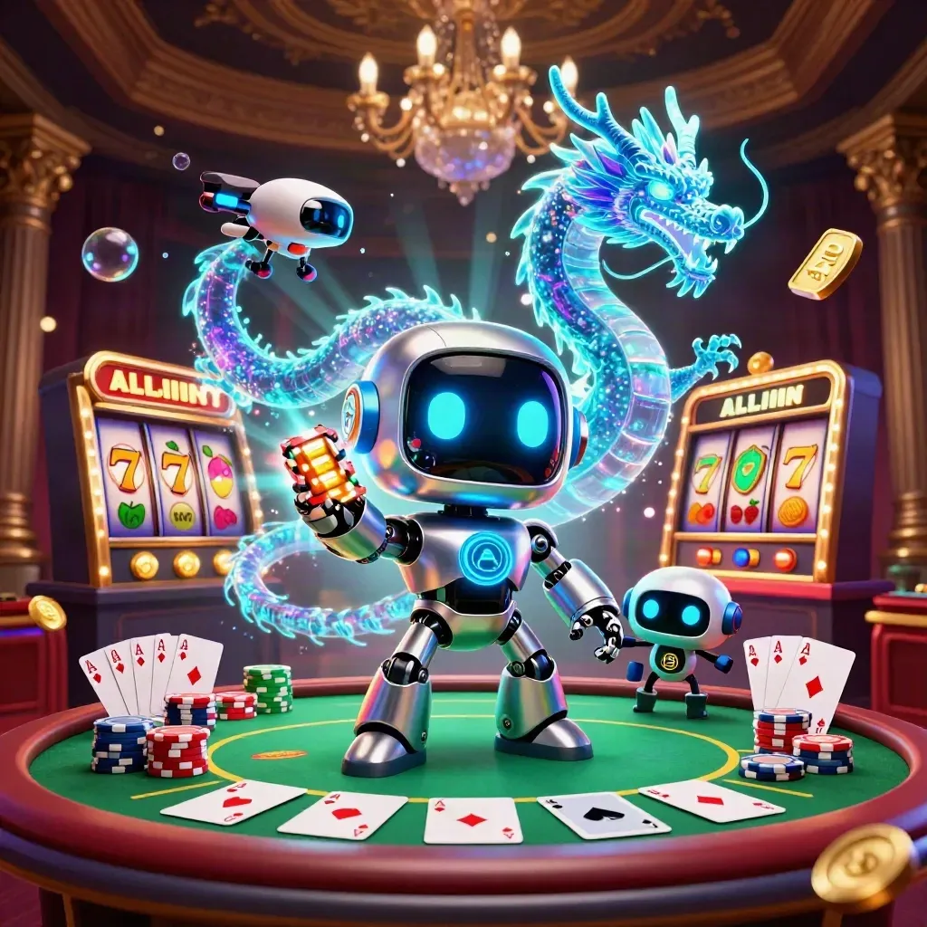 Chrome robot, holographic dragon and coin drone amid casino chips, aces, reels and gold-damask glow.