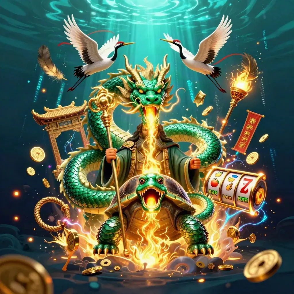 Emerald dragon, turtle sage, and cranes amid gold fire, coins, temple gate, and neon casino effects