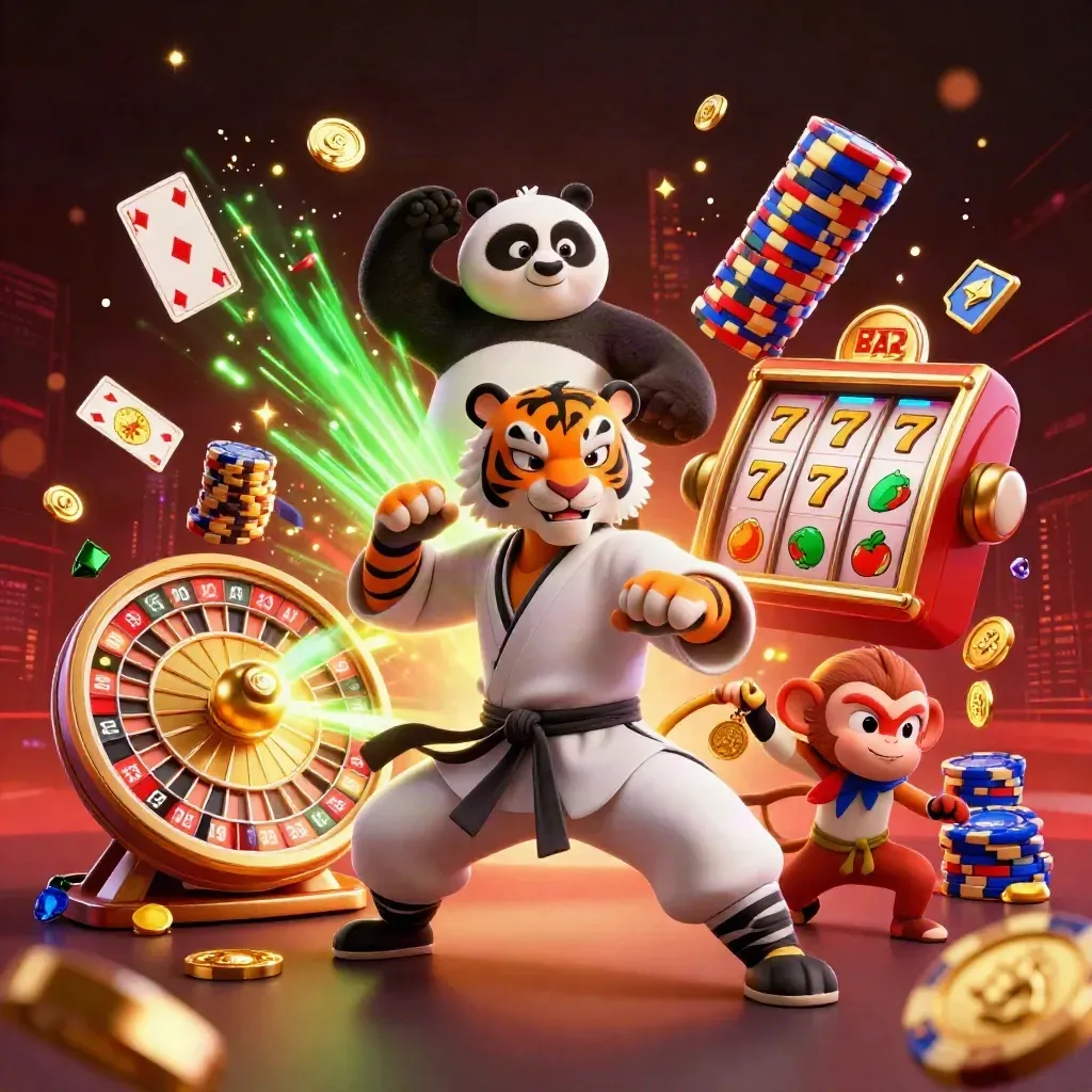 Tiger master, panda disciple, and monkey thief amid casino riches and spinning reels.