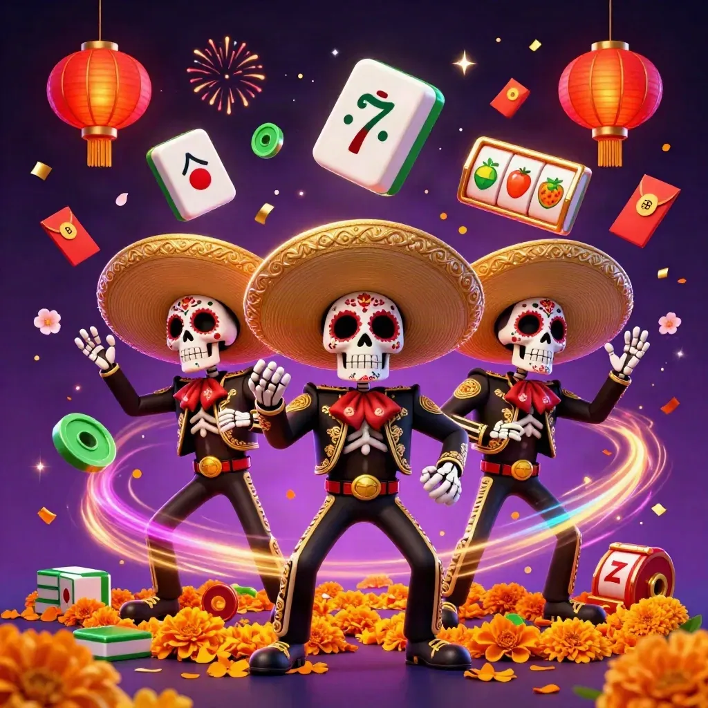 Day-of-the-Dead mariachi skeleton trio with casino effects on a dark neon background