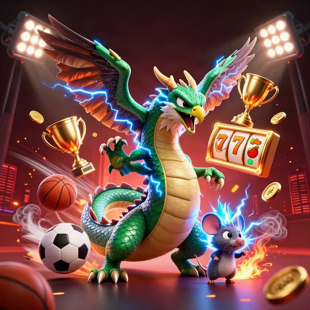 Thunder dragon, wind hawk, and static mouse amid casino and sports effects.