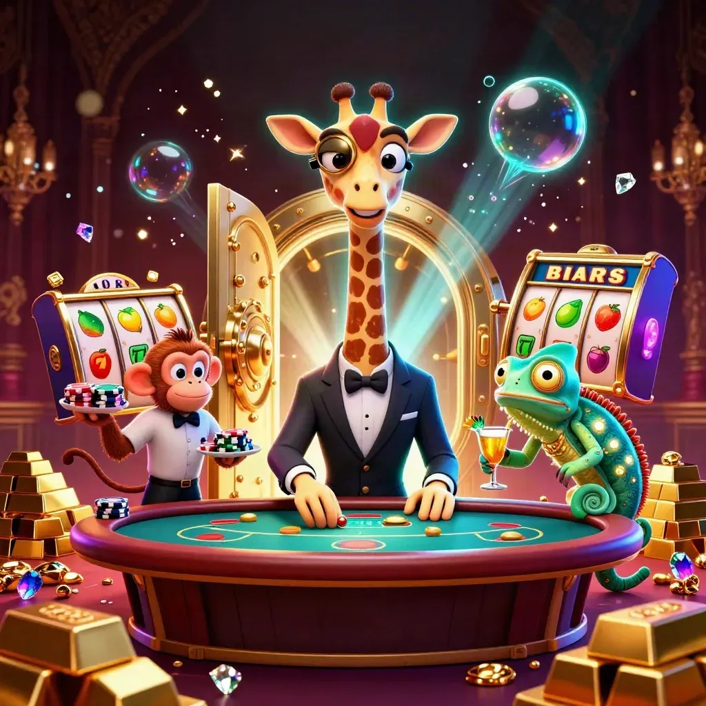 Giraffe, monkey, and chameleon at a glowing VIP poker table with treasure and casino loot.