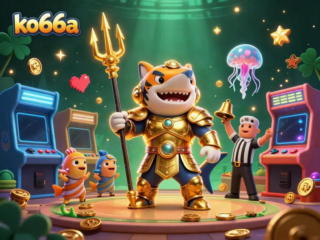 Experience the thrill of gaming with ko66a in this vibrant underwater colosseum with a tiger shark warrior.