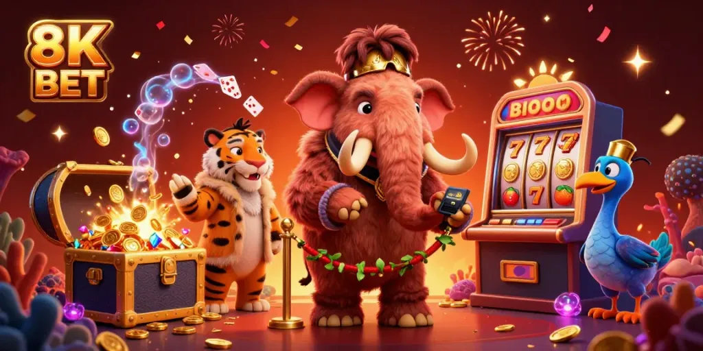 Trải nghiệm 8K BET với bouncer mammoth, khách VIP saber-tooth và nhân viên doorman dodo trong sảnh casino.