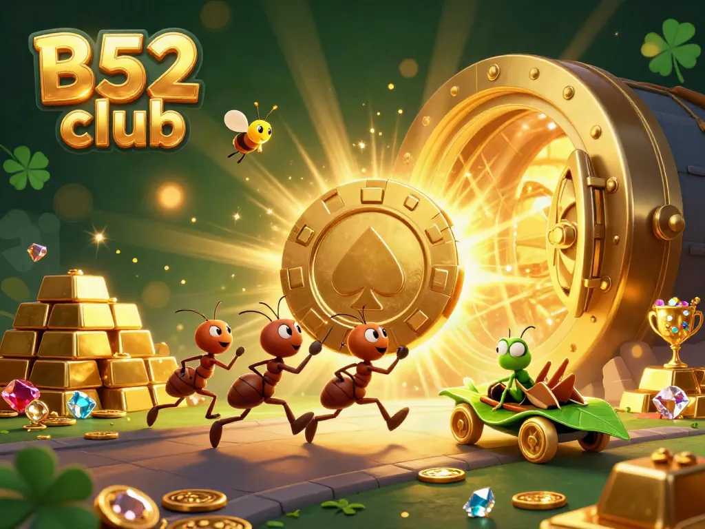 Ants executing a heist for a massive poker chip at the B52 club, bursting with treasures and gems.