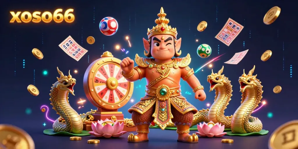 Engage in thrilling lottery games with xoso66's vibrant 3D illustration of dynamic action and golden prizes.