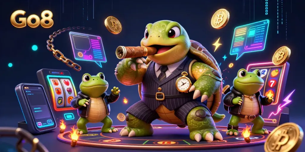 Go8 casino scene featuring cartoon snapping turtle and bullfrog enforcers amidst casino elements.