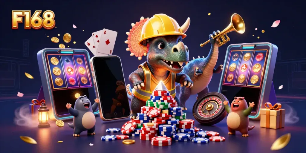 F168 casino illustration of triceratops building a poker chip pyramid and joyful creatures in a vibrant scene