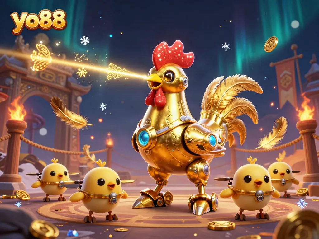 Experience thrilling gameplay at yo88 with a golden rooster robot engaging in an action-packed casino adventure.