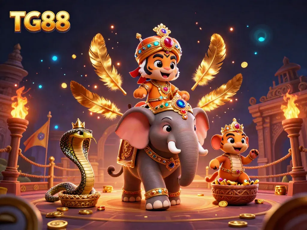 Experience the thrilling adventures at TG88, featuring a majestic maharaja tiger on an elephant amidst vibrant casino elements.