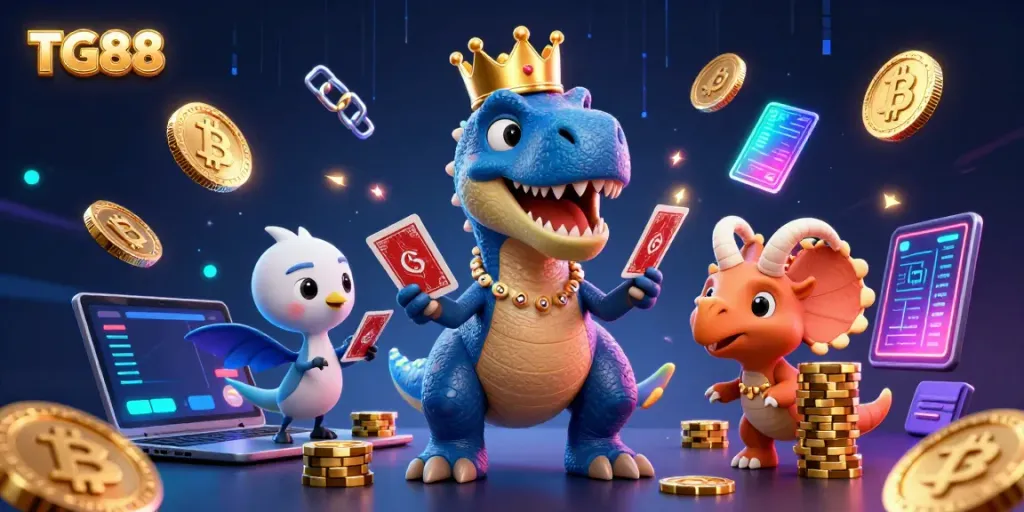 Engage in thrilling card games at TG88 featuring animated dinosaurs amidst glowing cryptocurrency elements.
