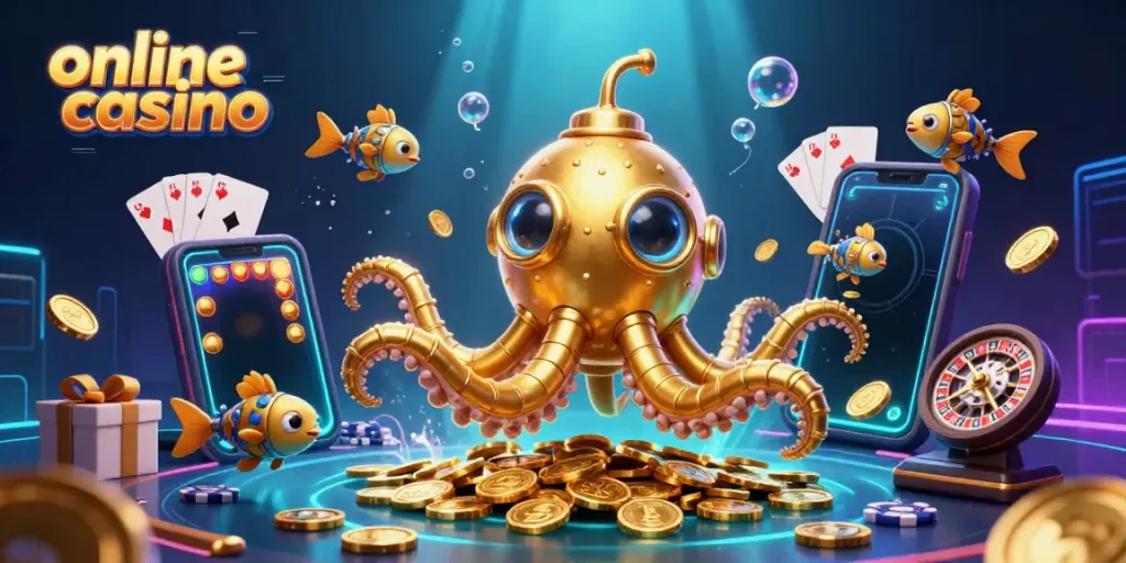 Engage with thrilling online casino games featuring vibrant 3D illustrations of a kraken and golden coins.