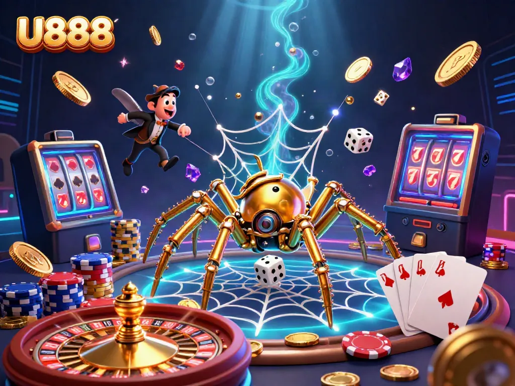 Experience the thrill of U888 with a vibrant 3D steampunk casino scene of games and winnings.